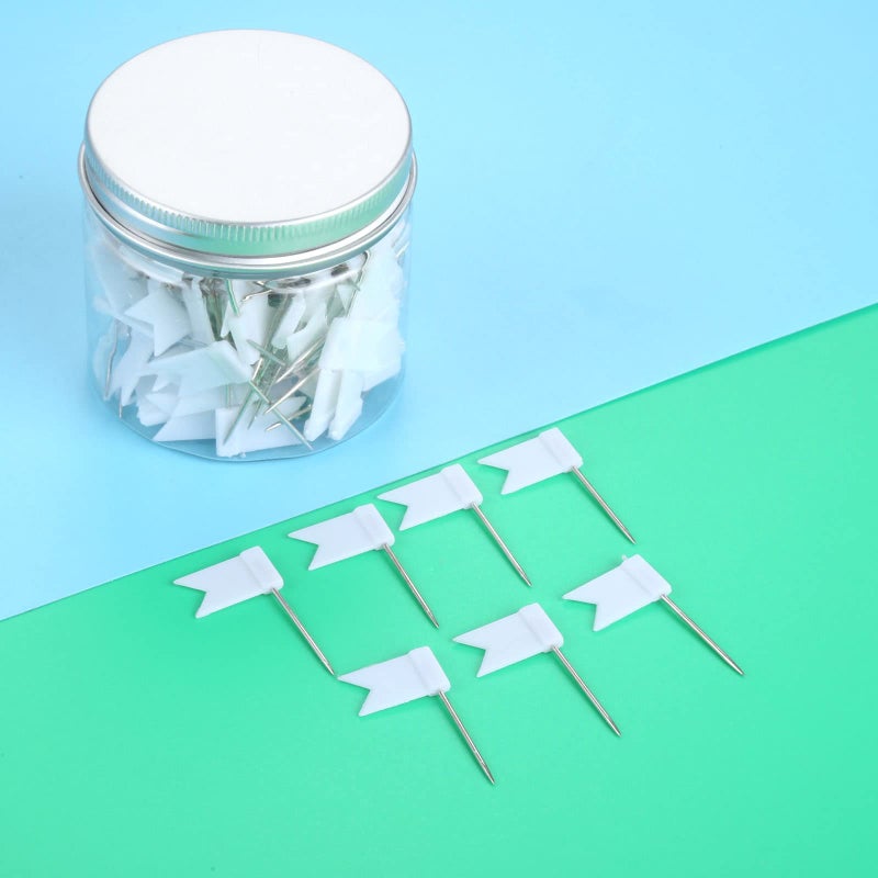 Yetaha 100PCS Flag Map Push Pins, Travel Map Tacks Assorted Plastic Colorful Thumbtacks for Bulletin Cork Board World Map Picture Marking Home School Office (White) - Image 3